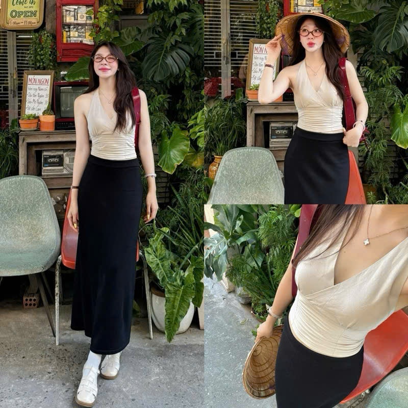 เสื้อครอปคล้องคอผ้าลินินสไตล์เรโทร - CRTA1579