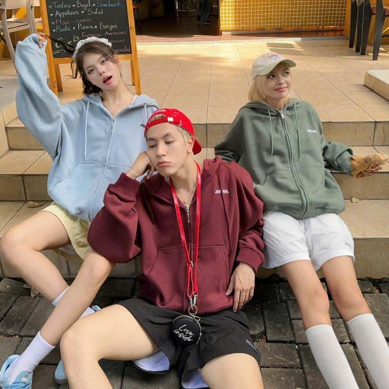 Ab HOUSE - (มีกระเป๋าด้านใน) ABHS Basic Plain ปัก Cotton Hoodie Zip Form Boxy Jacket สําหรับผู้ชายและผู้หญิง