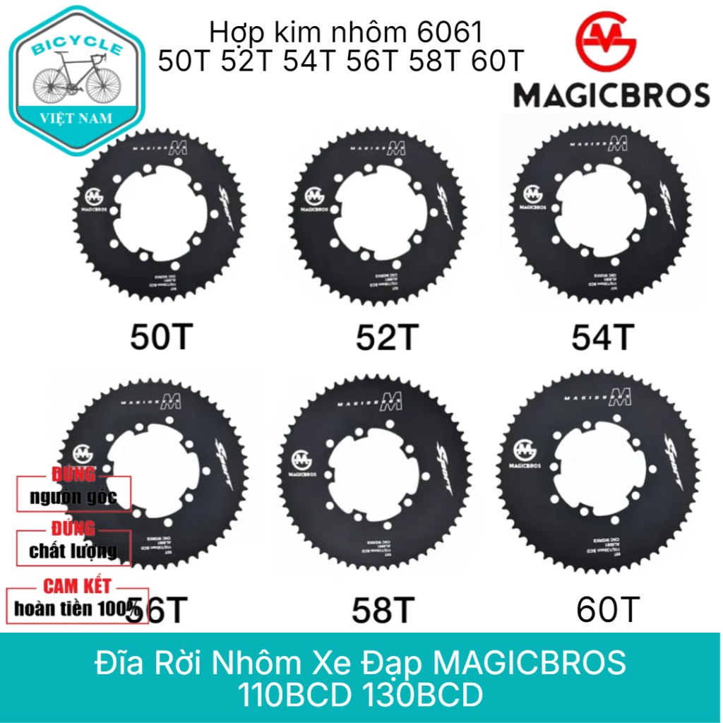 MAGICBROS จานอลูมิเนียมแบบถอดได้จักรยาน 110BCD / 130BCD – 50T / 52T / 54T / 56T / 58T / 60T - 5 รู