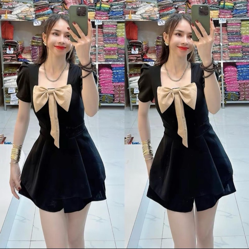 รหัส 886 เสื้อยืดสองผิวคอเหลี่ยมแขนพัฟกางเกงขาสั้นโบว์กระโปรง