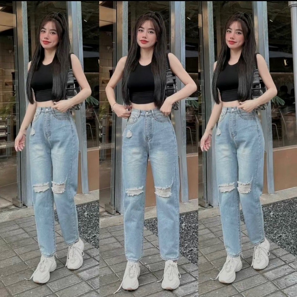 กางเกงยีนส์ผู้หญิงเอวสูง K Stretch Ripped Baggy รุ่นใหม่ TH668