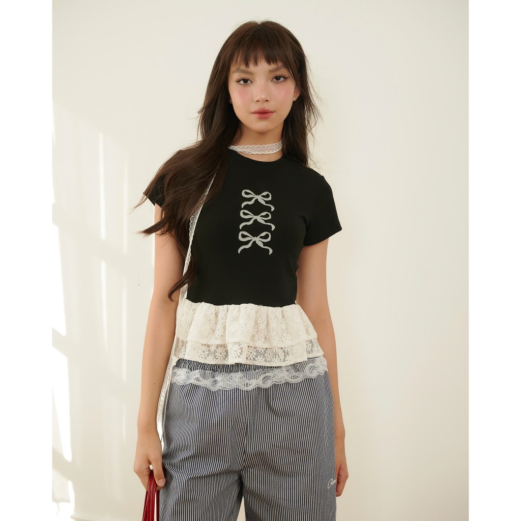 เรมัส เสื้อเบบี้ทีลูกไม้นูนโบว์สําหรับผู้หญิง