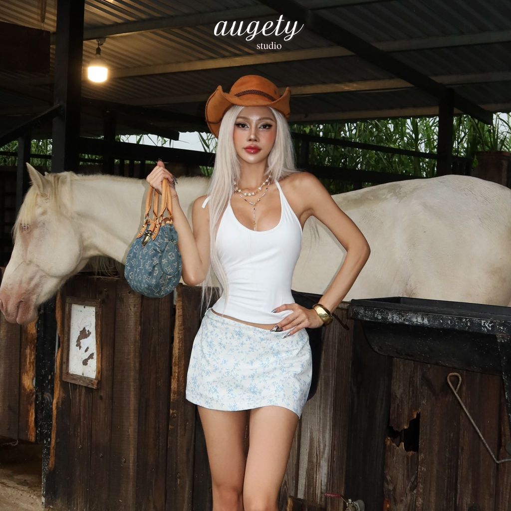 Augety Studio Blue Floral Print Low-Rise Short Skirt, IRIS MINISKIRT