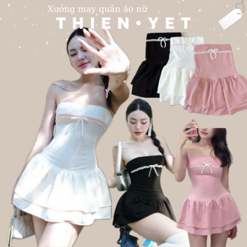 เดรสสั้นผูกโบว์ 2 ชั้นผู้หญิง - Thien Yet
