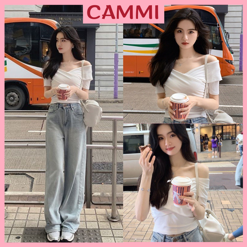 เสื้อครอปไขว้อกเปิดไหล่สําหรับผู้หญิงเสื้อยืดสไตล์ผู้หญิง ฮ่า108
