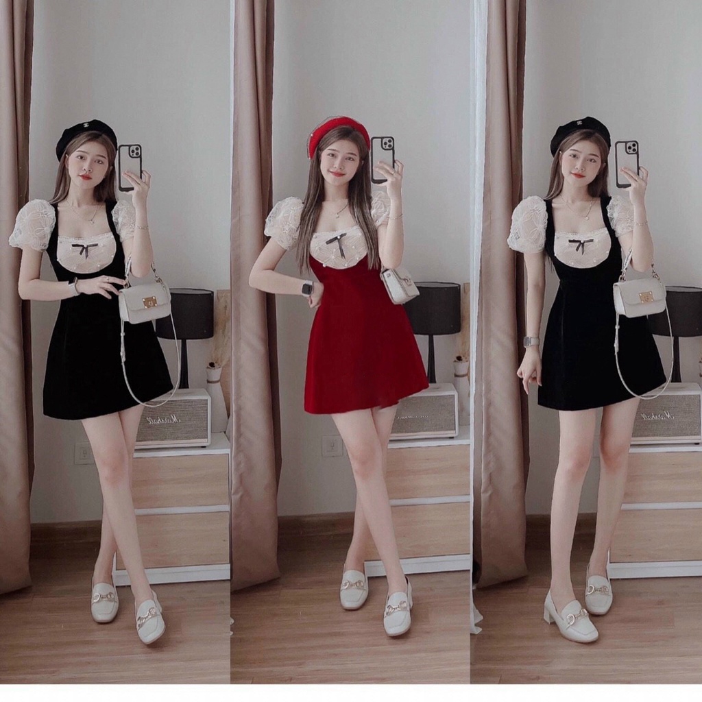 ผู้หญิง เดรสกํามะหยี่ลูกไม้แขนโบว์สวยเหมือนแบบ