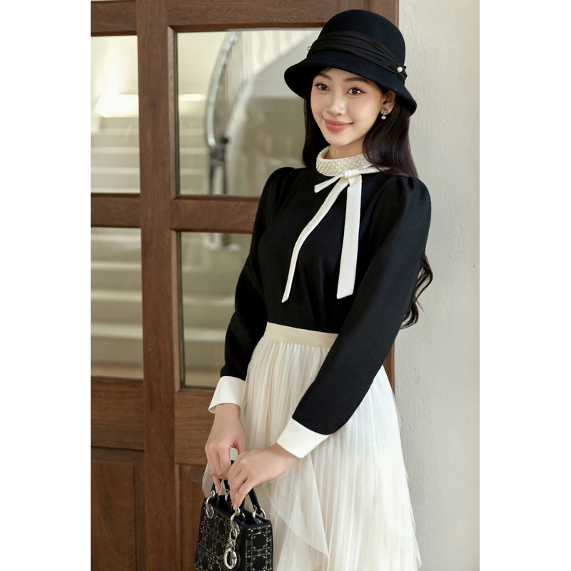 Sandro Top - เสื้อข้อความคอปกหินแขนยาวดีไซน์ DTM