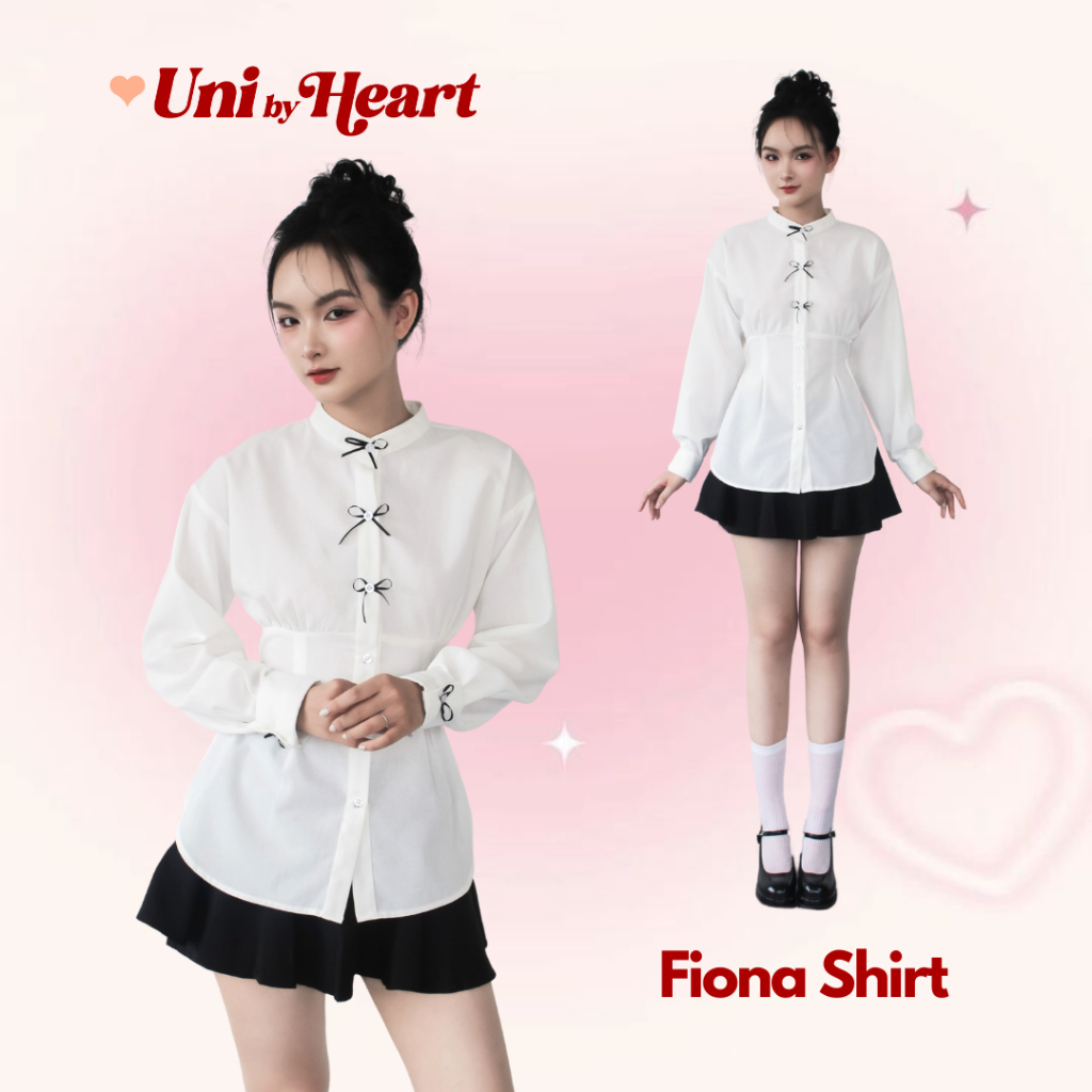 Fiona Shirt SMI030 เสื้อเชิ้ตครอปแขนยาว แขนพอง คอกลม ผูกหลัง - Uni By Heart