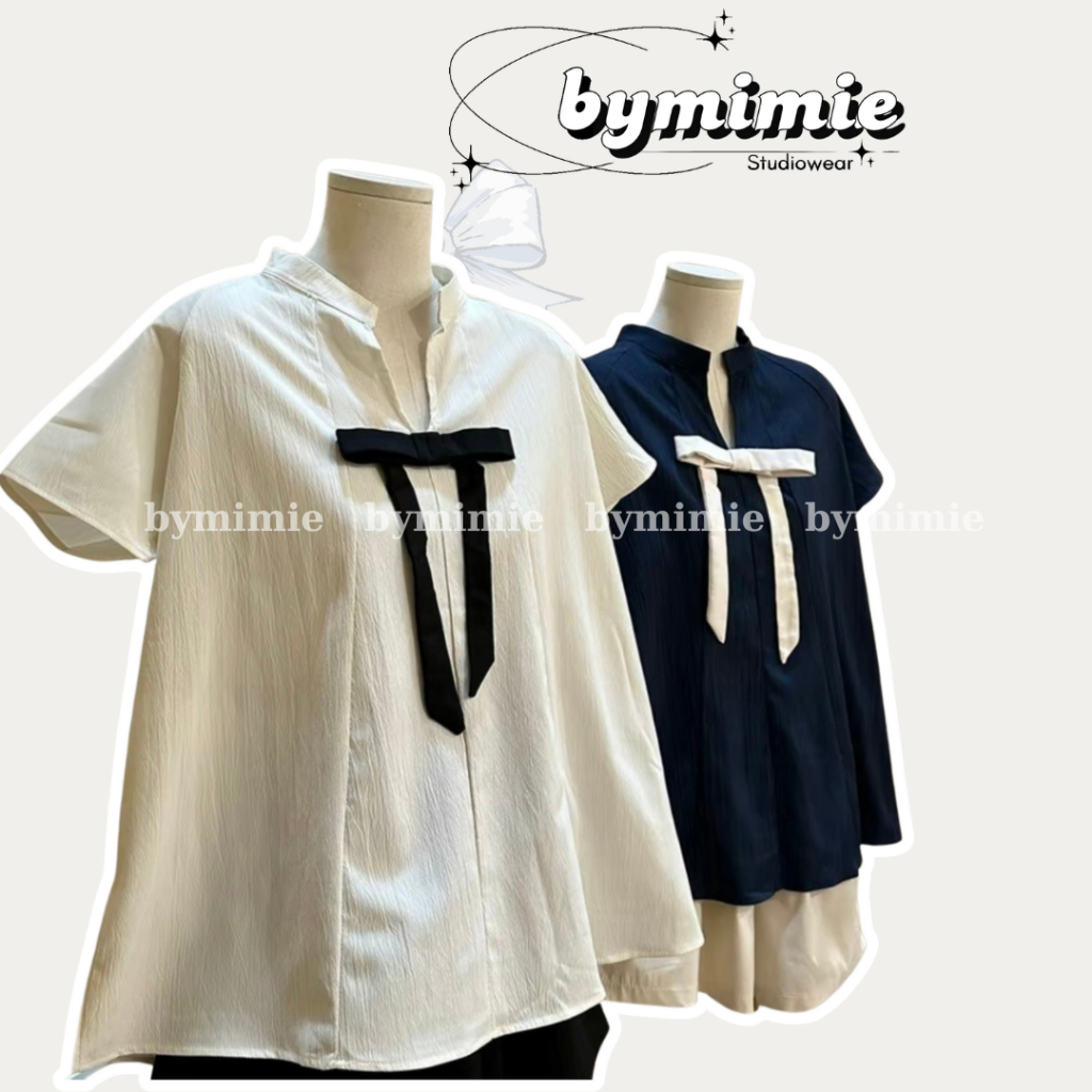[ODD/SET] เสื้อเชิ้ตผู้หญิงขนาดกลาง BYMIMIE เสื้อคอปกมีโบว์ stylized ที่อก M1711