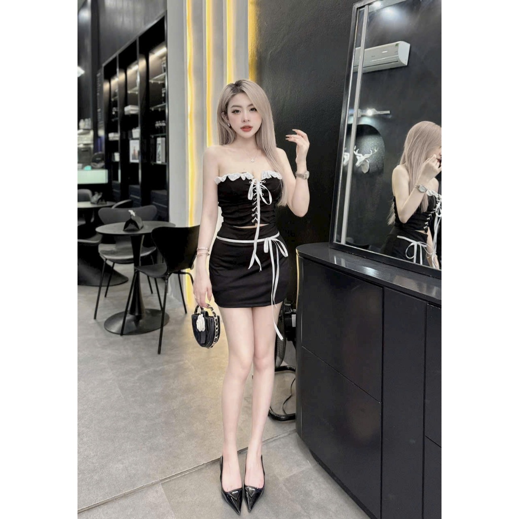 มินิเดรสผู้หญิง ชุดเซ็ตใส่ไปเที่ยวผ้าคอตตอนเย็นลูกไม้ถักเสื้อนมโตผสมกระโปรงสั้นทรงเอ