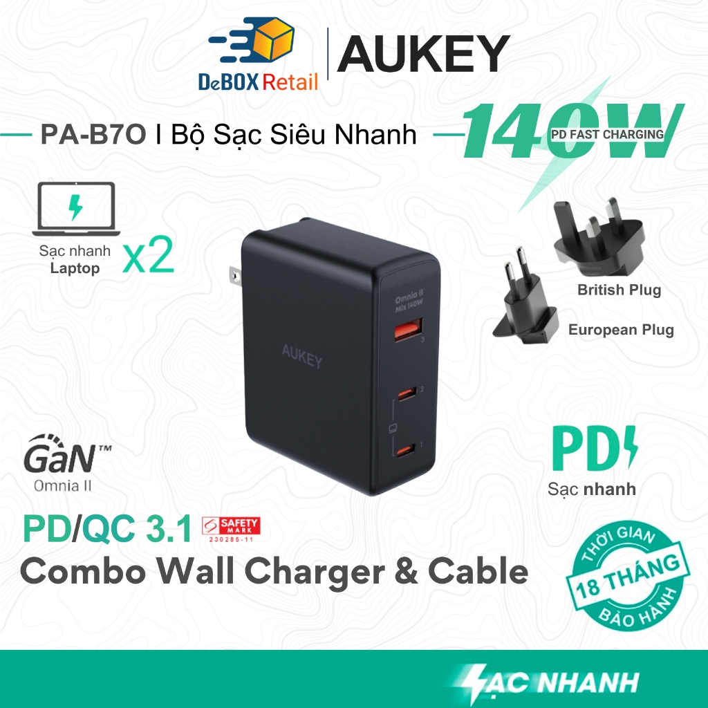 AUKEY PA-B7O Omnia II Mix 140W เครื่องชาร์จสําหรับเดินทางมัลติฟังก์ชั่น, พอร์ต GaN PD 3.1 3 พอร์ต, ป