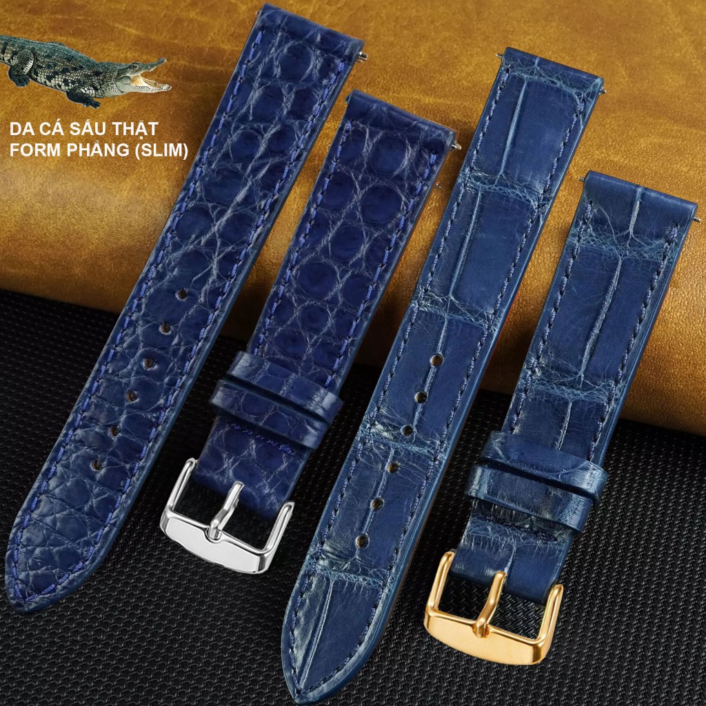 (สีกรมท่า-Form Slim) คุณภาพสูง REAL CROCODILE สายนาฬิกาหนังพร้อมเข็มกลัดหลายขนาด 10 12 13 14 15 16 17 18 19 20 21 22 24mm