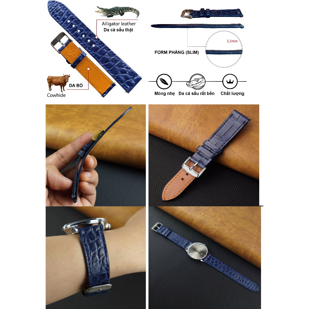 (สีกรมท่า-Form Slim) คุณภาพสูง REAL CROCODILE สายนาฬิกาหนังพร้อมเข็มกลัดหลายขนาด 10 12 13 14 15 16 17 18 19 20 21 22 24mm