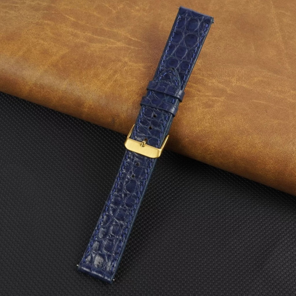 (สีกรมท่า-Form Slim) คุณภาพสูง REAL CROCODILE สายนาฬิกาหนังพร้อมเข็มกลัดหลายขนาด 10 12 13 14 15 16 17 18 19 20 21 22 24mm