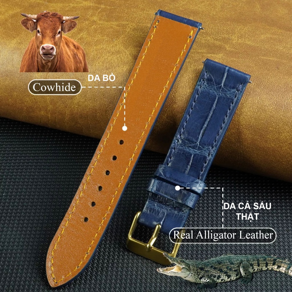 (สีกรมท่า-Form Slim) คุณภาพสูง REAL CROCODILE สายนาฬิกาหนังพร้อมเข็มกลัดหลายขนาด 10 12 13 14 15 16 17 18 19 20 21 22 24mm