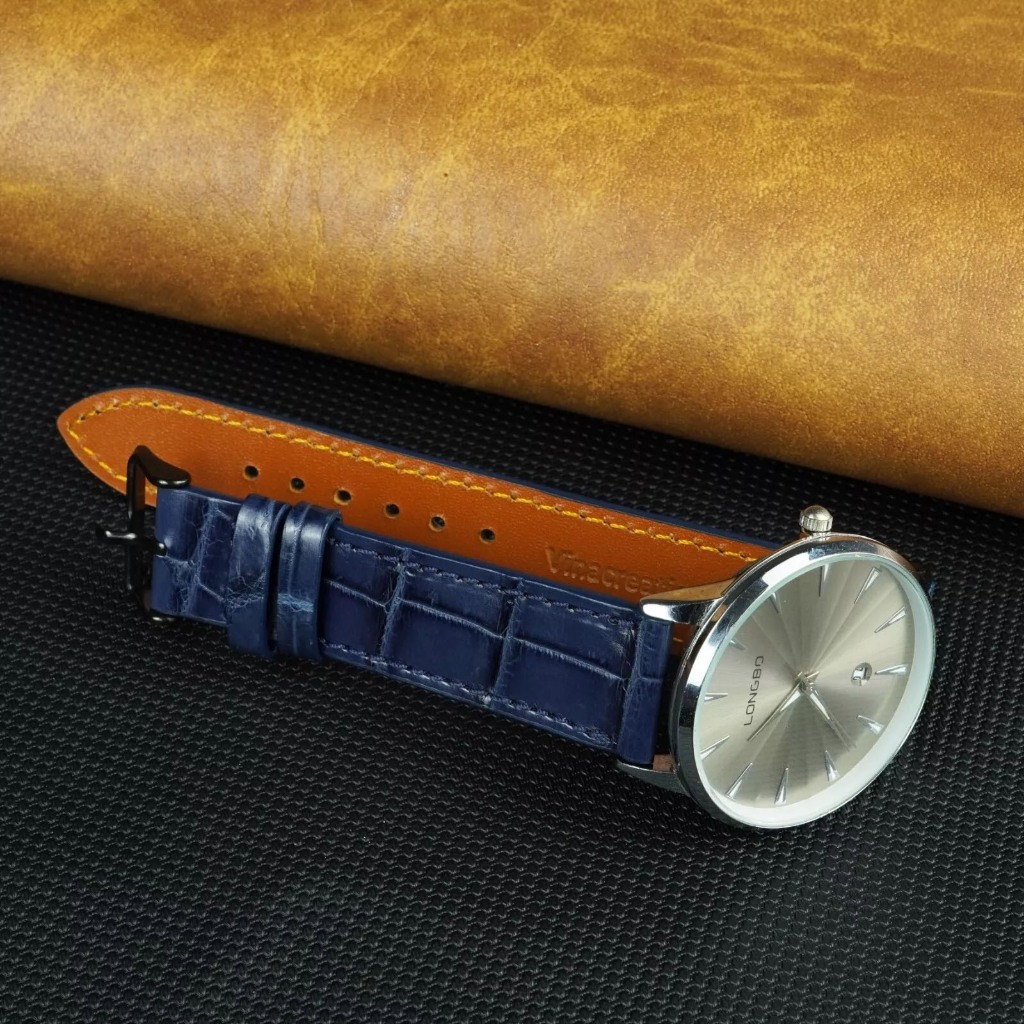 (สีกรมท่า-Form Slim) คุณภาพสูง REAL CROCODILE สายนาฬิกาหนังพร้อมเข็มกลัดหลายขนาด 10 12 13 14 15 16 17 18 19 20 21 22 24mm