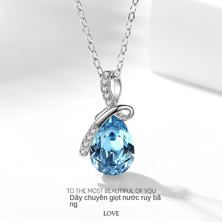S925 สร้อยคอเงินน้ําตาริบบิ้นสร้อยคอเพทายสีฟ้าของขวัญผู้หญิง Moissanite S10
