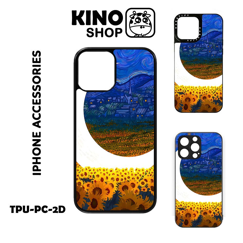 KINOSHOP เคสไอโฟน [OD 520] Van Gogh ขอบยืดหยุ่นสีดําซิลิคอน TPU ป้องกันสีเหลืองสําหรับ 11 15 Pro Max