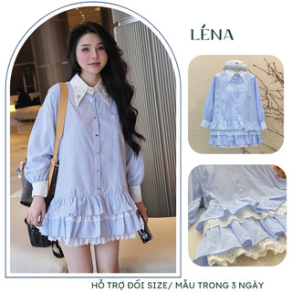 Đầm sơ mi kẻ sọc xanh biển,Váy babydoll tay dài, cố đính đá phối bèo ren cao cấp LENA 3122