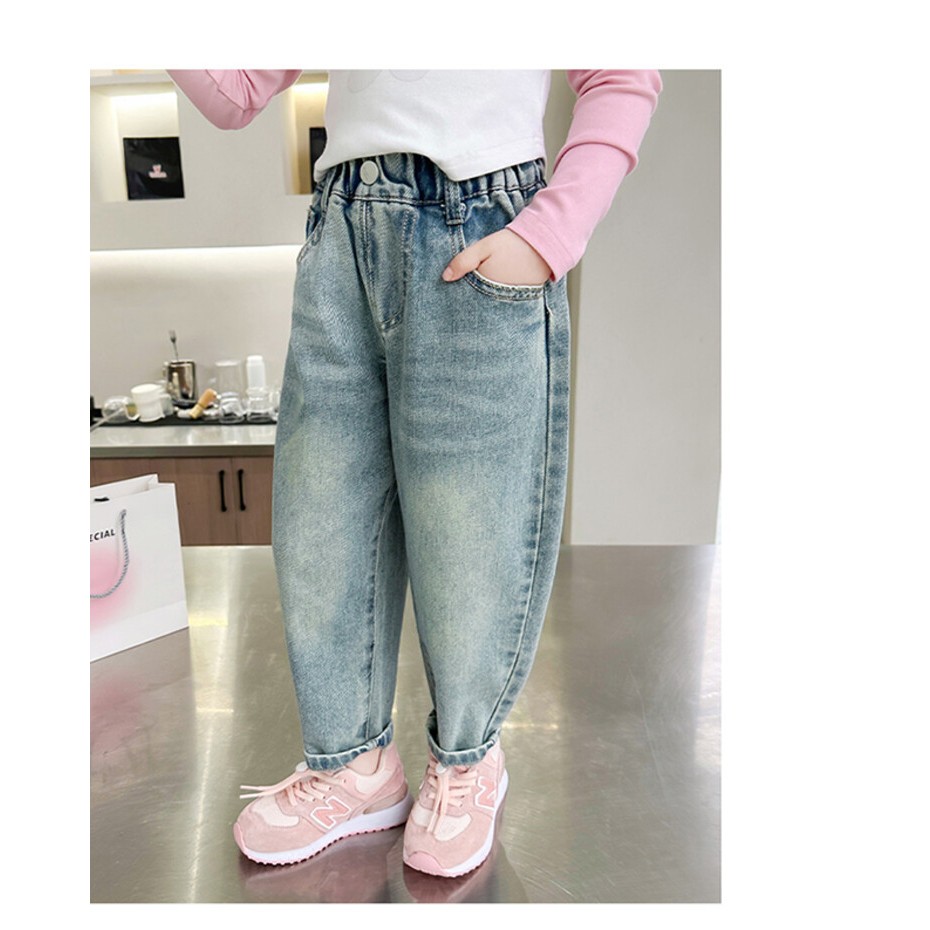 (G95)กางเกงยีนส์ทรงกระเป๋าพิมพ์ลายสุนัขด้านหลังสําหรับเด็กผู้หญิงตั้งแต่ 1m1-1m55