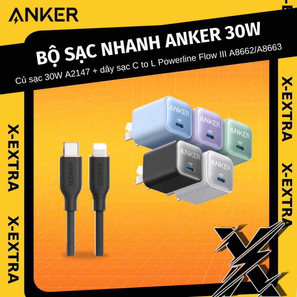 Anker 30W A2147 511 ที่ชาร์จเร็วและสายชาร์จ C ถึง L Powerline Flow III A8662 A8663