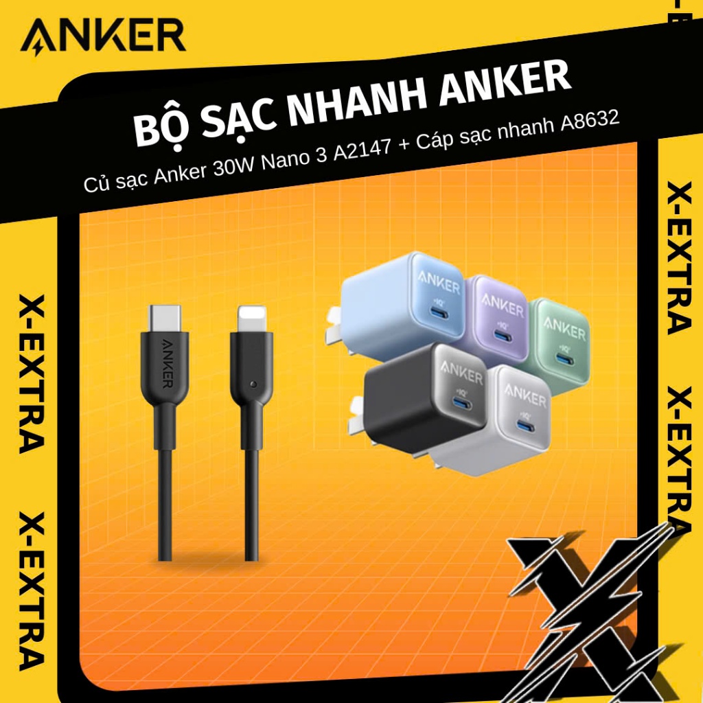 Anker 30W A2147 511 ที่ชาร์จเร็วพร้อมสายชาร์จ C ถึง L A8632 A8633 Powerline Flow II