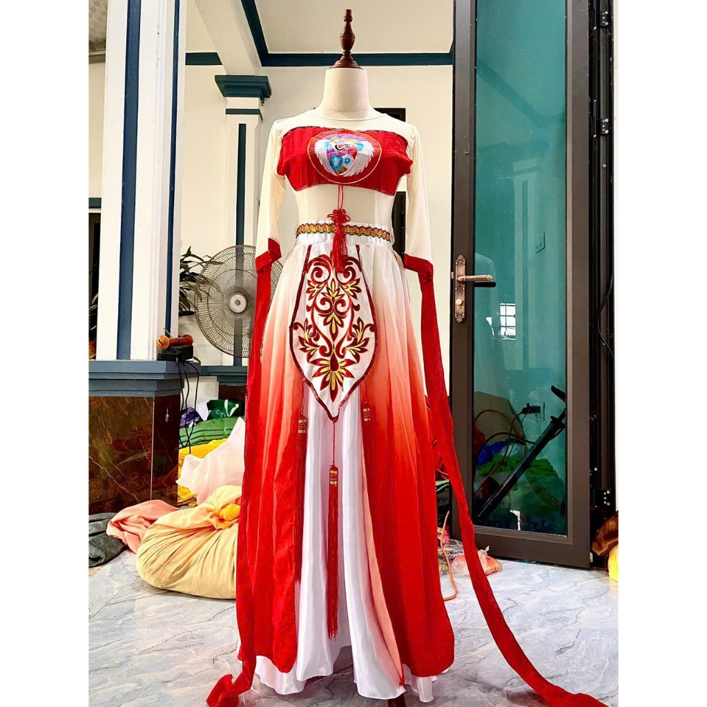 Hang nga Cuoi คอสเพลย์เครื่องแต่งกายประสิทธิภาพชุดเต้นรําโคมไฟพร้อมแขนตก 3 สีสีแดงสีขาวสีฟ้า