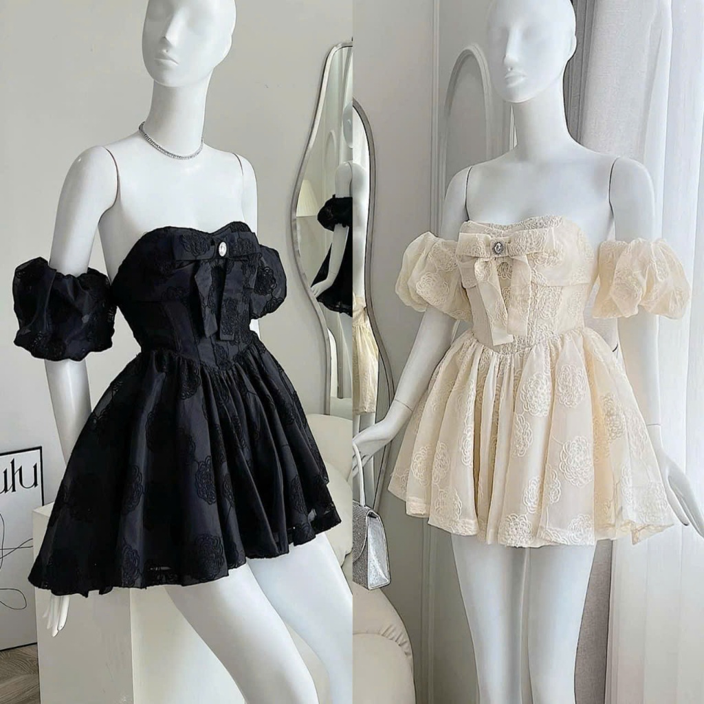 (Black-Cream) ชุดเดรสเลดี้ไซส์ใหญ่น่ารัก 50-90Kg ทรงแฮ็ก พร้อมแขนเสื้อคอนซีลเลอร์ - D146 - U Xinh St