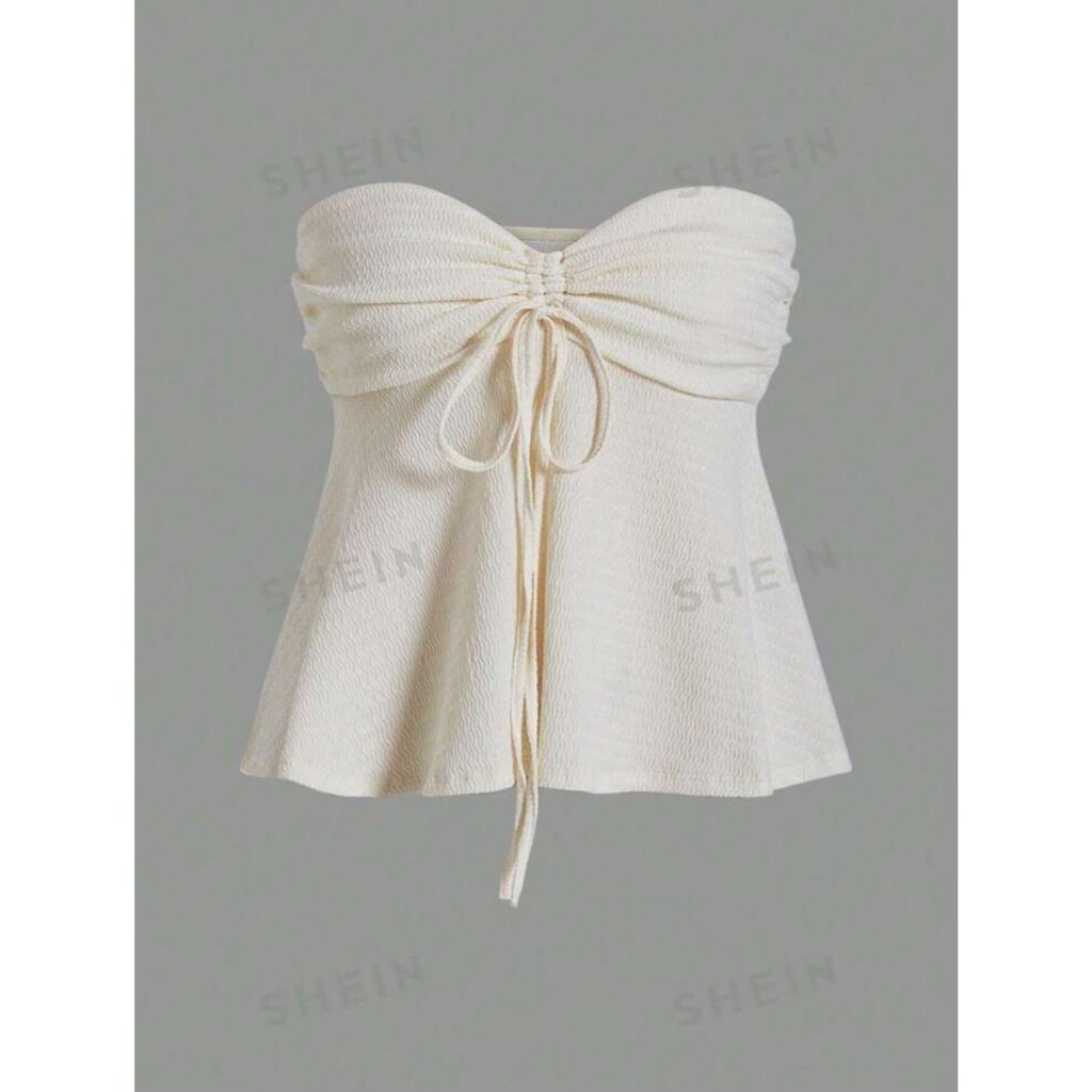 (READY FOR TEA, BLACK, XDG XS-BACK 1 SIZE COMPARED TO WEAR-SHEIN) AVOTOP - เสื้อครอปผูกโบว์ไม่มีสายห