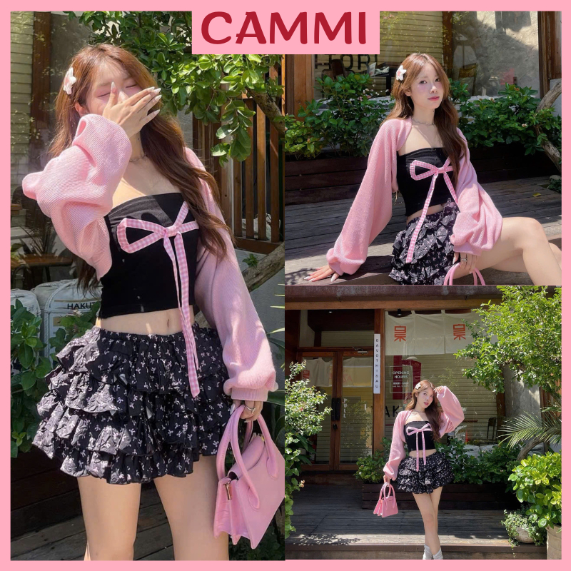 ชุดเช็ทผู้หญิงพร้อมเสื้อคาร์ดิแกนแขนสั้นพัฟและเกาะอกผูกโบว์ ฮ่า865