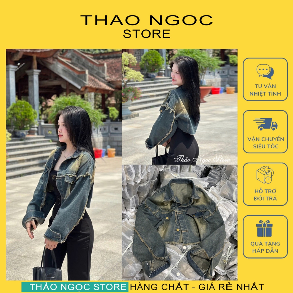 เสื้อครอปขาดผู้หญิง แจ็คเก็ตยีนส์แขนยาวแต่งขอบพู่! ร้านธAO NGOC