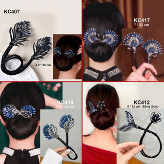 Phụ Kiện Tóc Sang Chánh Kiểu Kẹp Cuốn, Quấn Tóc Búi Dự Tiệc Hình Hoa Và Nơ Đính Đá Xanh KC417 KC418