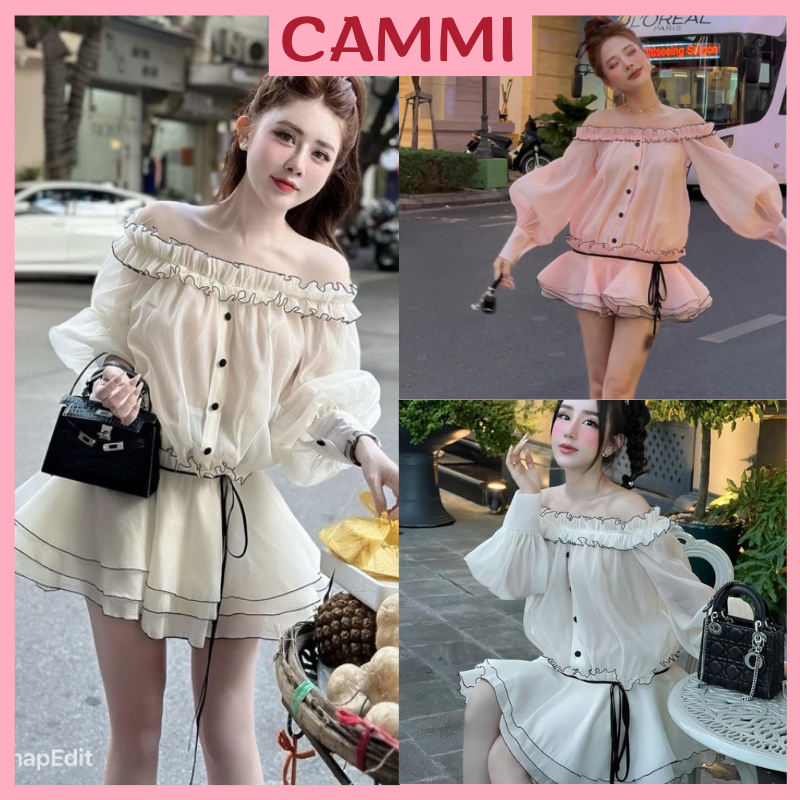 ชุดเดรสไหมพรมปาดไหล่แขนพองแต่งขอบสีดําเดรสเลดี้บาน3ชั้นพร้อมกางเกงกันฟรีผ้าไหมชีฟอง HB985