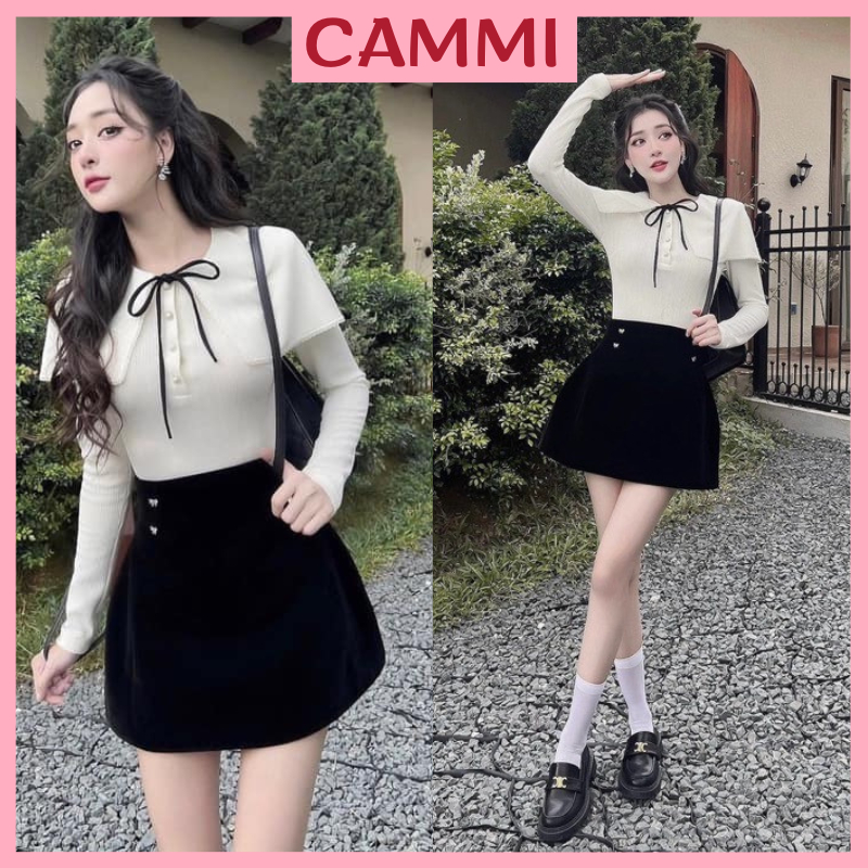 เสื้อกันหนาว ชุด ผสมกระโปรงกํามะหยี่สีดํา มีโบว์ สไตล์เกาหลี สุดน่ารัก ของแถม ป้ายโบว์หิน HB322