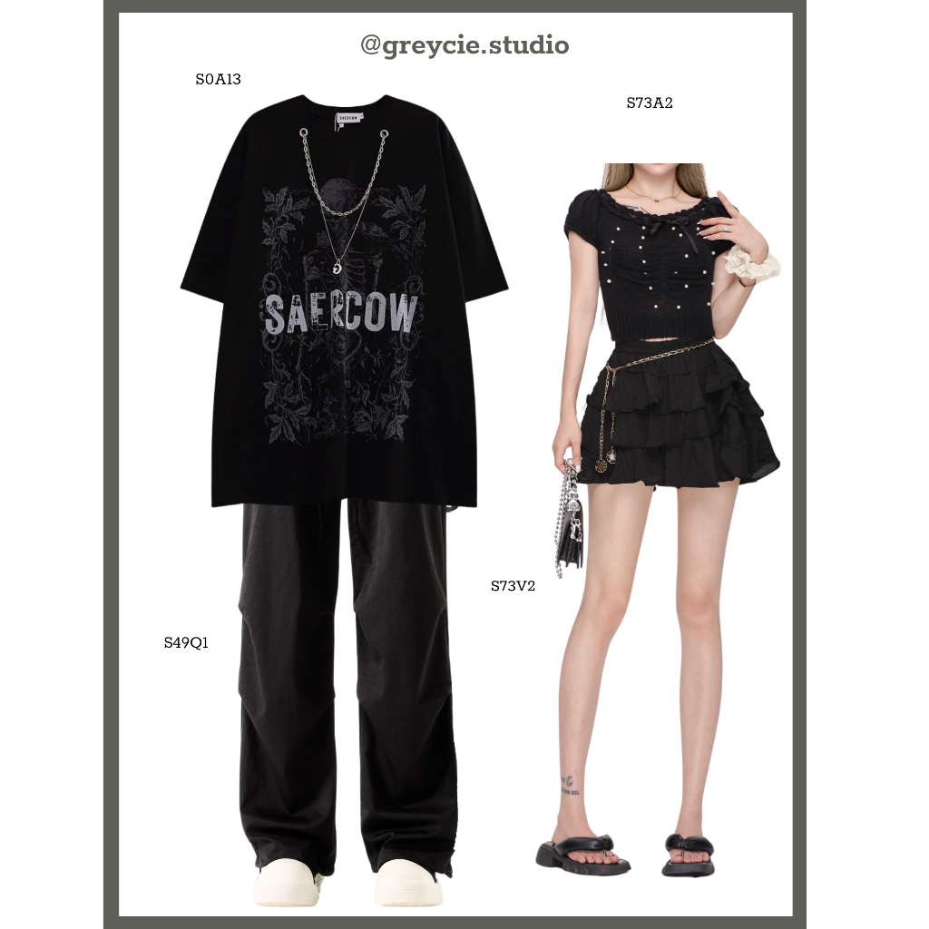 GREYCIE ชุดคู่ เสื้อยืดกางเกงขากว้าง เสื้อครอปสีกากี กระโปรงบานสีดํา S73 S0A13 S49Q1 S73A2 S73V2