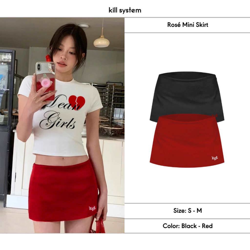 กระโปรงสั้น Rosé ปัก Kill System ทรงเอพร้อมกางเกงป้องกัน