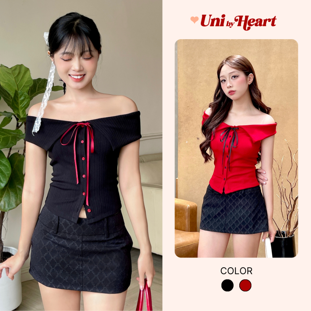 Ellie Top ATV011 เสื้อยืดปาดไหล่คอปก กระดุมแดง โบว์แดง - Uni By Heart