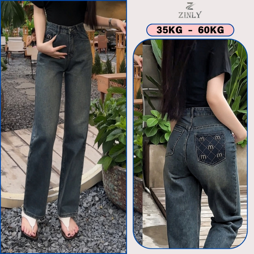 กางเกงยีนส์ขาตรงสีเข้มสําหรับผู้หญิงมีกระเป๋าปักรูปตัว M Q288