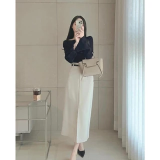 Susu clothing midi กระโปรงสํานักงาน 2 ชั้นตัวยาวมีซับในด้านใน กระเป๋า และเข็มขัดหนัง cv1