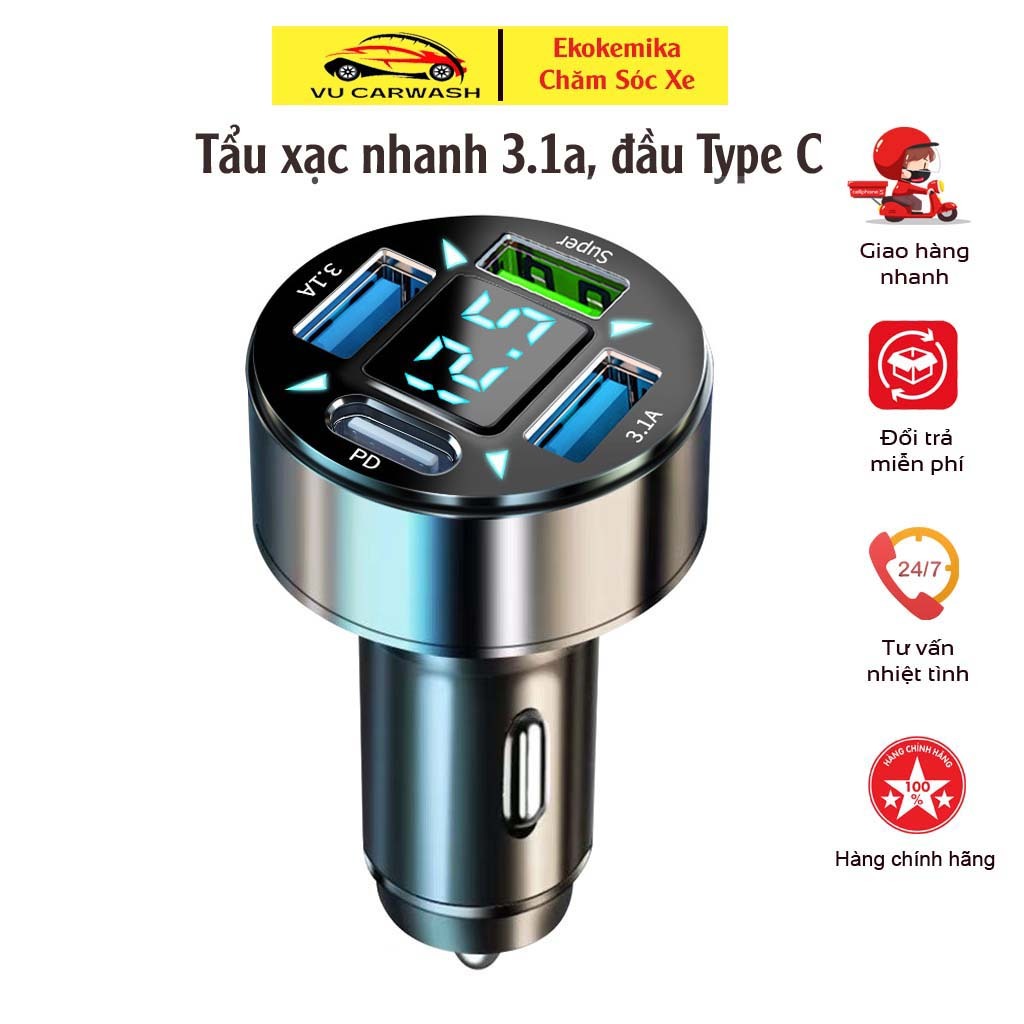 Smart 4-Port 66W PD Type-C QC3.1A Fast Charger สําหรับรถยนต์