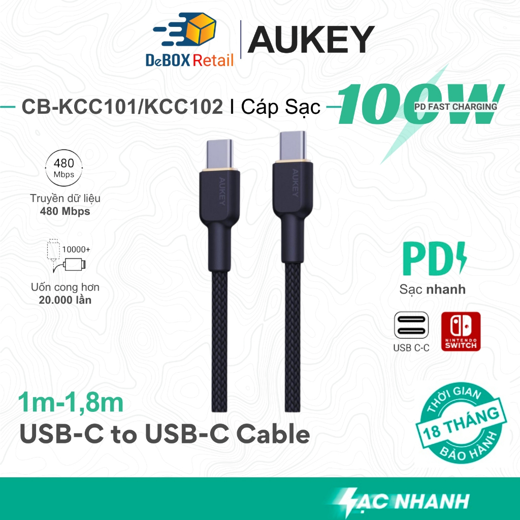 Aukey CB-KCC101/ KCC102 สาย USB C to C รองรับ PD Fast Charging ยาว 100W (1m/1.8m) ฝาไนลอนแกนเคฟล่า - สินค้าของแท้