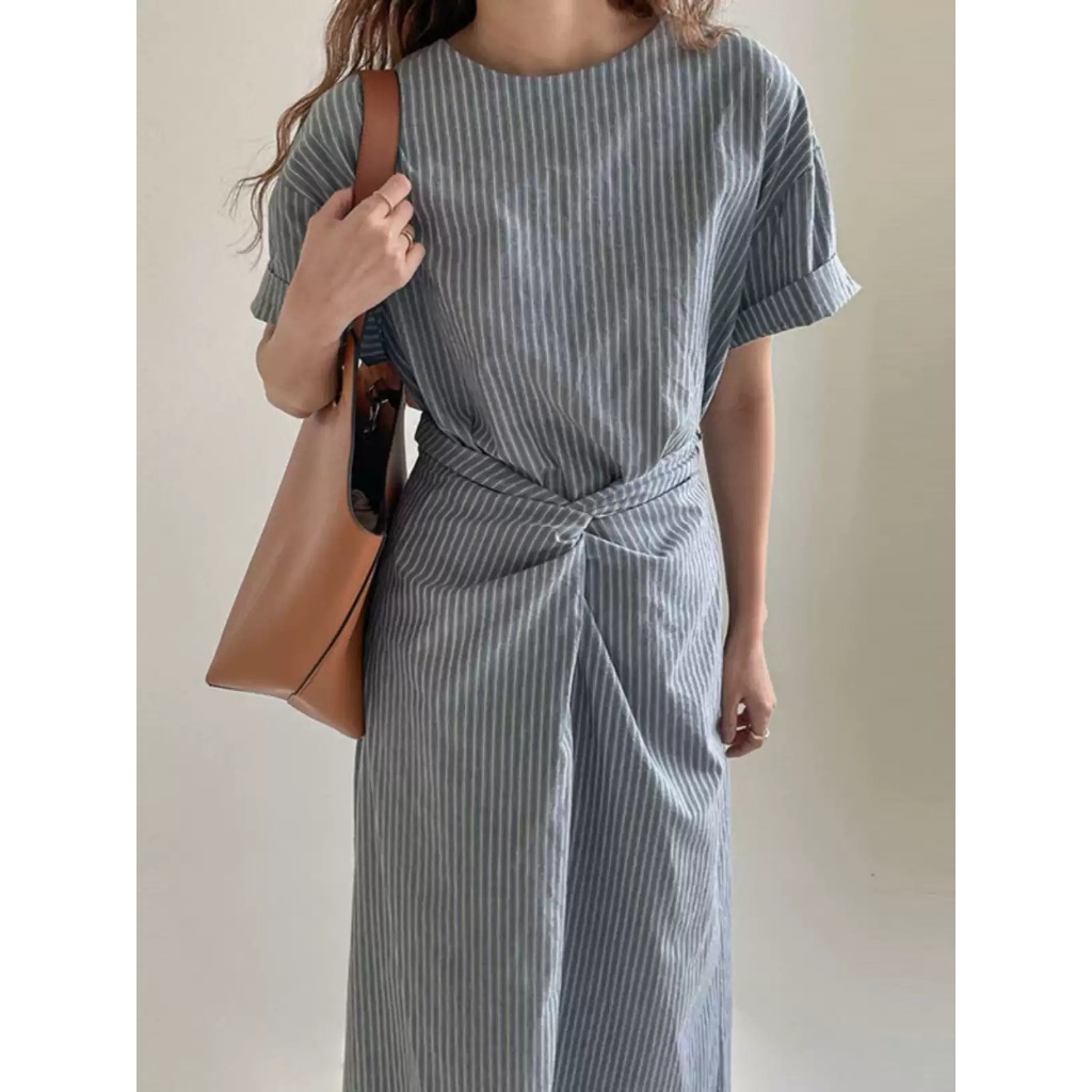 D66|ชุดเดรสสํานักงานผู้หญิงย้อนยุคพร้อมเข็มขัดเอวบุคลิกภาพหรูหราเกาหลี จีดี