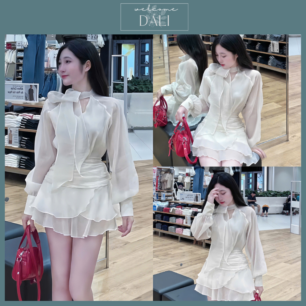 Set เสื้อผูกโบว์แขนยาวผ้าไหมโฟม + กระโปรงเอวระบาย