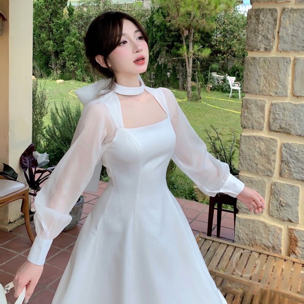 ชุดเดรสผู้หญิงคอเหลี่ยมแนวทแยงหนาและผ้าชีฟองผ้าไหมสวยเหมือนแบบ