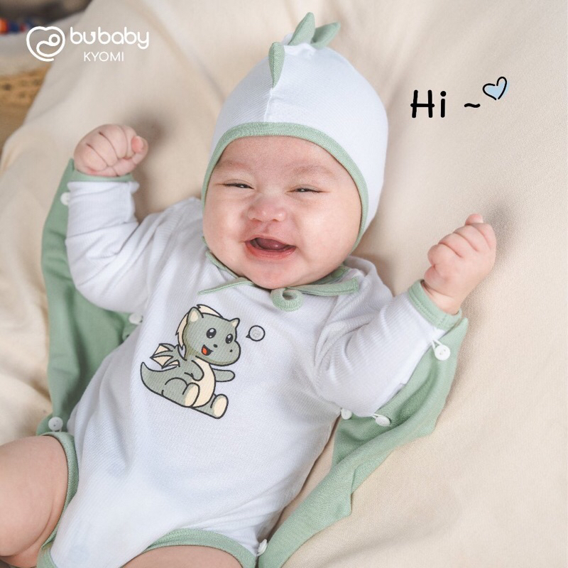BUBABY Set บอดี้ชิปแขนยาวและสายสะพายพร้อมหมวกสําหรับเด็กชายและเด็กหญิงจากแบรนด์ Bu baby
