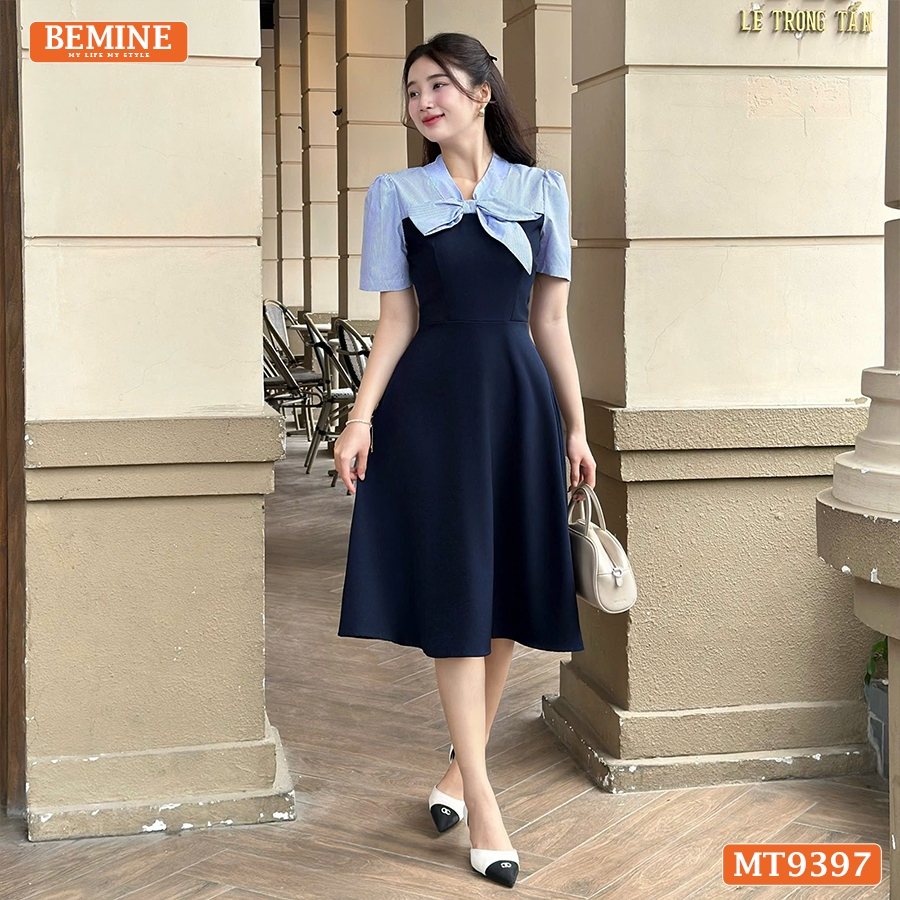 Bemine MT9397 เดรสจับจีบผูกโบว์คอวี