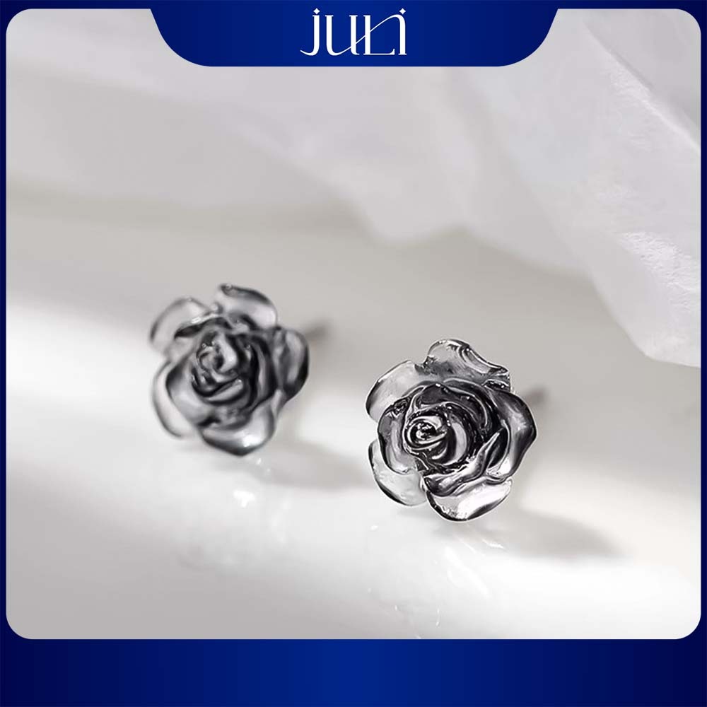 JULI KT888 ต่างหูดอกกุหลาบสีดําสีเงินอิตาลี | สไตล์หรูหรา เป็นประกาย ไร้กังวลเกี่ยวกับสนิม