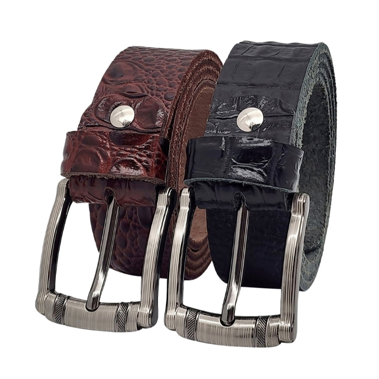 [130ซม.][ฟรีสิ่ว] เข็มขัดหนังวัวลายนูนจระเข้ DHM-542 | หัวเข็มขัดโลหะเลเซอร์เรียบง่ายแฟชั่น | 12เดือ