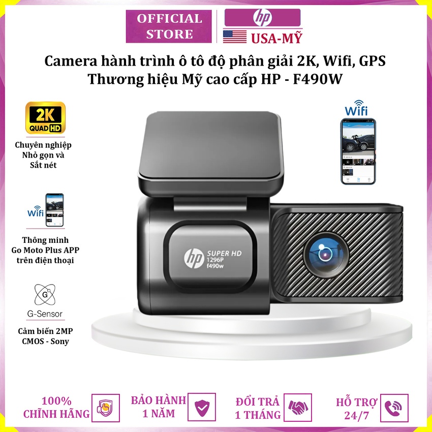 Camera hành trình ô tô thương hiệu Mỹ cao cấp HP F490W độ phân giải 2K, Wifi - Bảo Hành 1 Năm