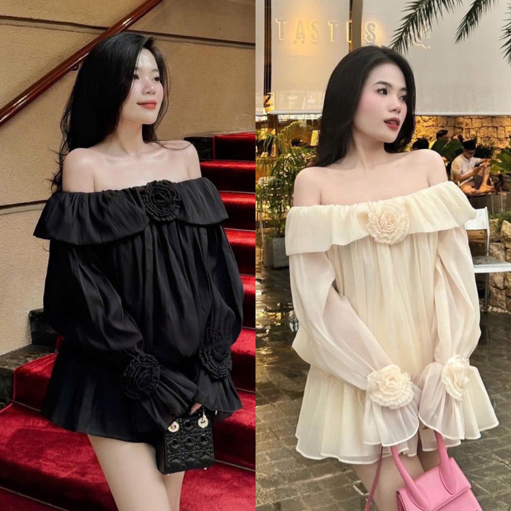 สวยสุดๆ เดรสผ้าไหมเปิดไหล่ 2 สี สุด ๆ ผู้หญิง เซ็ทดอกไม้และกางเกงหลวมระมัดระวัง (รูปถ่ายจริงบนพื้น) ฮ่าๆ